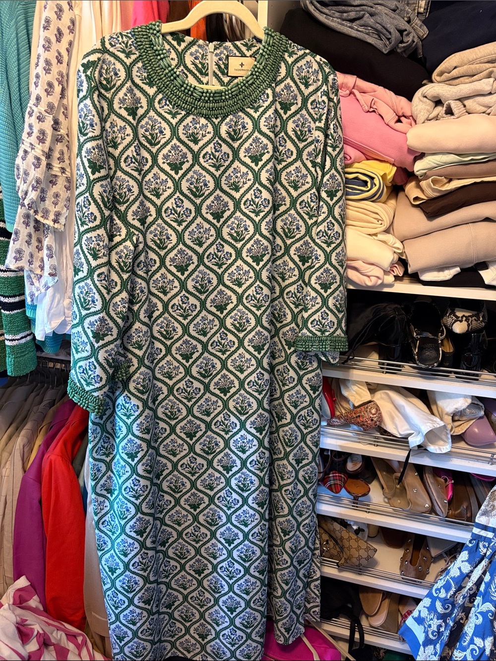 Tuckernuck Jamie Green & White Printed Midi Dress with Beaded Neckline & Sleeves
